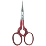 Embroidery scissors with delicate leaf print designs for crafting projects.